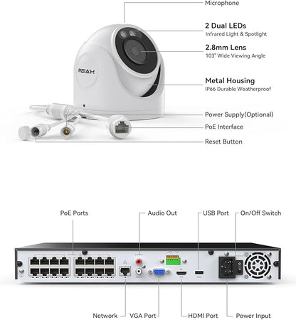 H.VIEW 16 Channel NVR PoE Security Camera System Wired, 8MP 4K 16CH Commercial NVR 4TB, Smart AI Color Night, 16x 8MP Outdoor Audio IP Cameras, 16x Network Cables, CCTV for Businesses Home