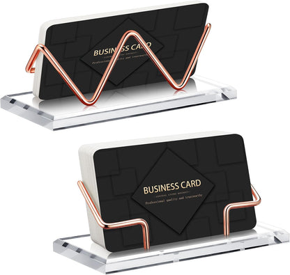 Amyhill 2 Pieces Acrylic Business Card Holder for Desk Clear Horizontal Business Card Display Stand Postcard Holder for Office Home Desktop (Rose Gold)