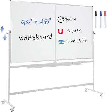 FORTUNO Large Magnetic Mobile Whiteboard 96"x48", Rolling Double Sided Stand Whiteboard on Wheels, Reversible Adjustable Height/Angle Dry Erase Board 8' x 4' Easel White Board for Office Classroom