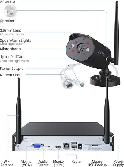 ZOSI 2K Wi-Fi 6 Security Camera System, 4PACK 3MP Plug-in WiFi Cameras Indoor Outdoor, Person Detection, Color Night Vision, 2 Way Audio, Light & Siren Alarms, Remote Monitoring, 8CH 4K NVR, 1TB HDD