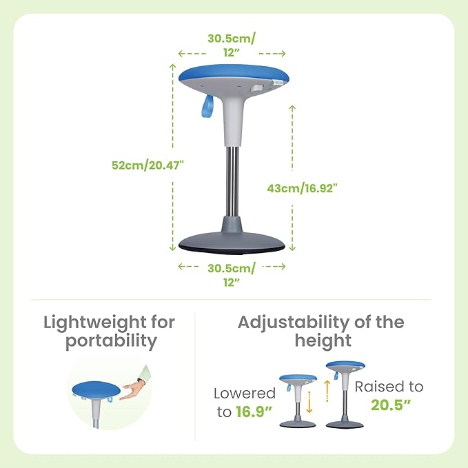 Wobble Stool for Kids Ages 7–12; Adjustable Height Wobble Stools for Classroom Seating with Soft Cushion; Flexible Wiggle Chair for Focus and ADHD Support + Bonus Visual Timer (Sky Blue)