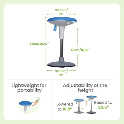 Wobble Stool for Kids Ages 7–12; Adjustable Height Wobble Stools for Classroom Seating with Soft Cushion; Flexible Wiggle Chair for Focus and ADHD Support + Bonus Visual Timer (Sky Blue)