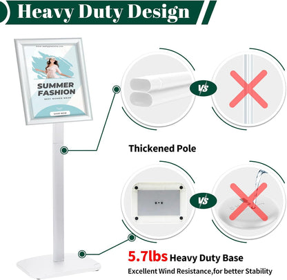 Heavy Duty Pedestal Sign Holder for Display, 8.5 x 11 inches Adjustable Floor Standing Sign Holder with Weighted Base , Vertical and Horizontal View Sign Stand for Indoor/Outdoor Advertising，Silver