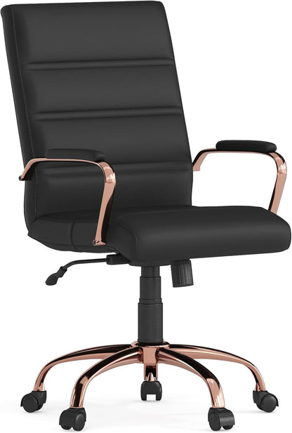 Flash Furniture Whitney Mid-Back Swivel LeatherSoft Desk Chair with Padded Seat and Armrests, Adjustable Height Padded LeatherSoft Office Chair, Black/Rose Gold