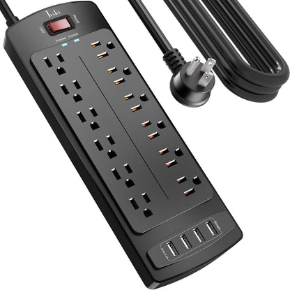Power Strip, Tcstei Surge Protector with 12 Outlets and 4 USB Ports, 15 Feet Extension Cord (1875W/15A) for Home, Office, Dorm Essentials, 2700 Joules, ETL Listed, Black
