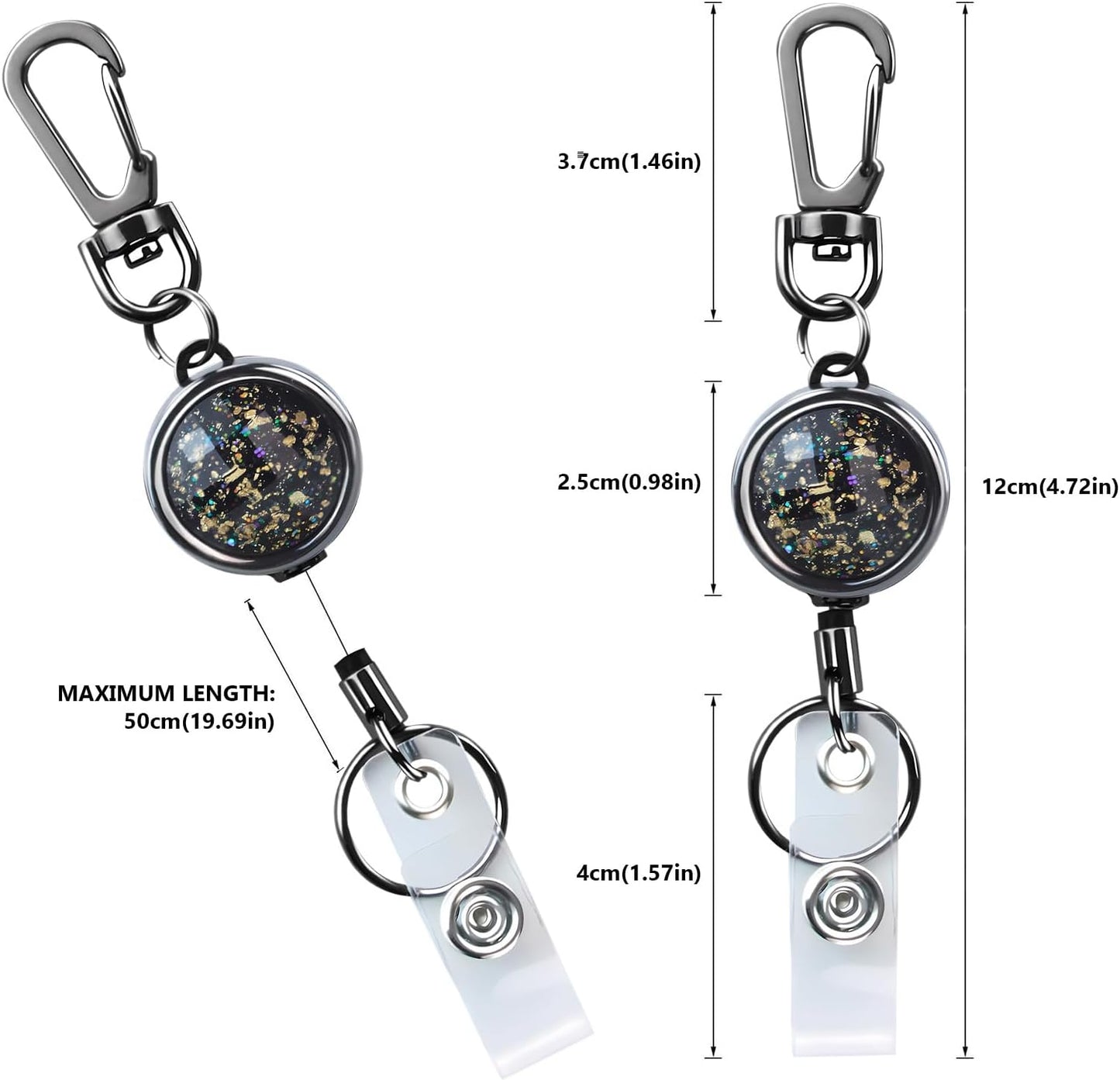 bolimoss Bling Black Retractable Badge Reels with Key Ring and Carabiner Belt Clip, Glittery Metal Retractable Keychain for ID Cards Name Holder Nurse, Teacher, Students (3 PCS)