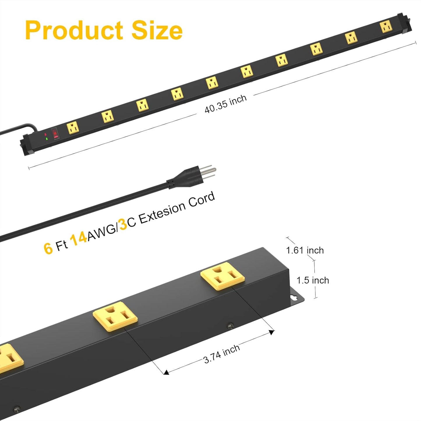 10 Outlet Surge Protector, Long Metal Wide Spaced Garage Industrial Power Strip, Heavy Duty with 6 FT Cord, 15A, 125V, 1875W, 2700 Joules, 2Pack, SGS Listed