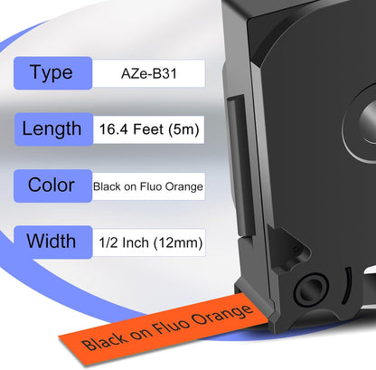 2 Pack Compatible for Brother Ptouch TZe-B31 TZ-B31 Laminated Label Maker Tape 12mm 0.47 Black on Fluorescent Orange Tape for PT-D200 PT-D210 PTH100 PT-D400
