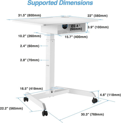 AVLT 44" Height Adjustable Foot Pedal Rolling Desk with Shelf (3 ft 8 inches) - Pneumatic Laptop Standing Desk Cart - Mobile Laptop Cart - White Computer Projector Cart with Brake Casters