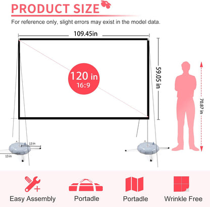 Projector Screen with Stand 120 inch: Foldable and Portable Projection Screen 16:9 4K HD Wrinkle-Free Lightweight Movie Screen with Carry BagHome Theater Backyard Cinema