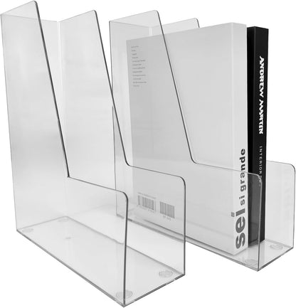 Vertical File Holder, 2 Pack Plastic Document Organizer and Clear Magazine Holder, Multi-purpose for Home Office (Clear)