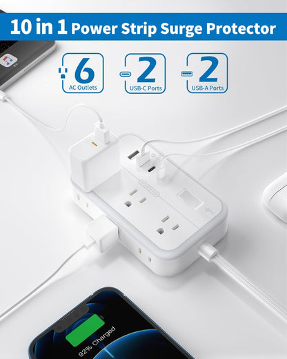 Flat Extension Cord 15 ft, NTONPOWER Surge Protector Power Strip with 6 Widely Outlets 4 USB Ports(2 USB C), Flat Plug, Wall Mounted, Side Outlet Extender for Indoor, Home Office, Dorm Room Essentials