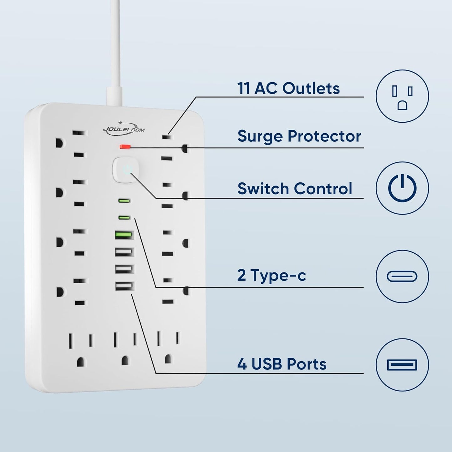 5 FT Flat Plug Surge Protector Power Strip,11 Multiple AC Outlets with 6 USB Ports (2 USB C), 5 Feet Extension Cord, 1250W/10A, One Touch Switch Button, 17 in 1 Compact powerstrip-White