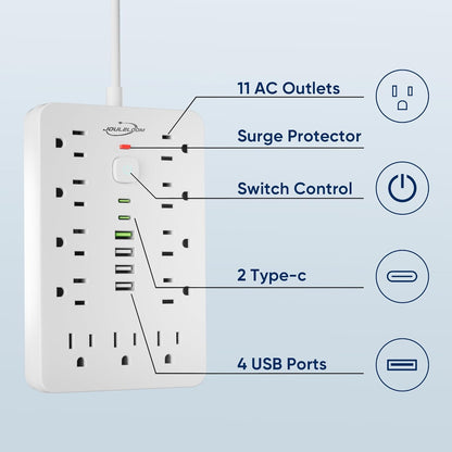 6 FT Flat Plug Surge Protector Power Strip,11 Multiple AC Outlets with 6 USB Ports (2 USB C), 6 Feet Extension Cord, 1250W/10A, One Touch Switch Button, 17 in 1 Compact powerstrip-White