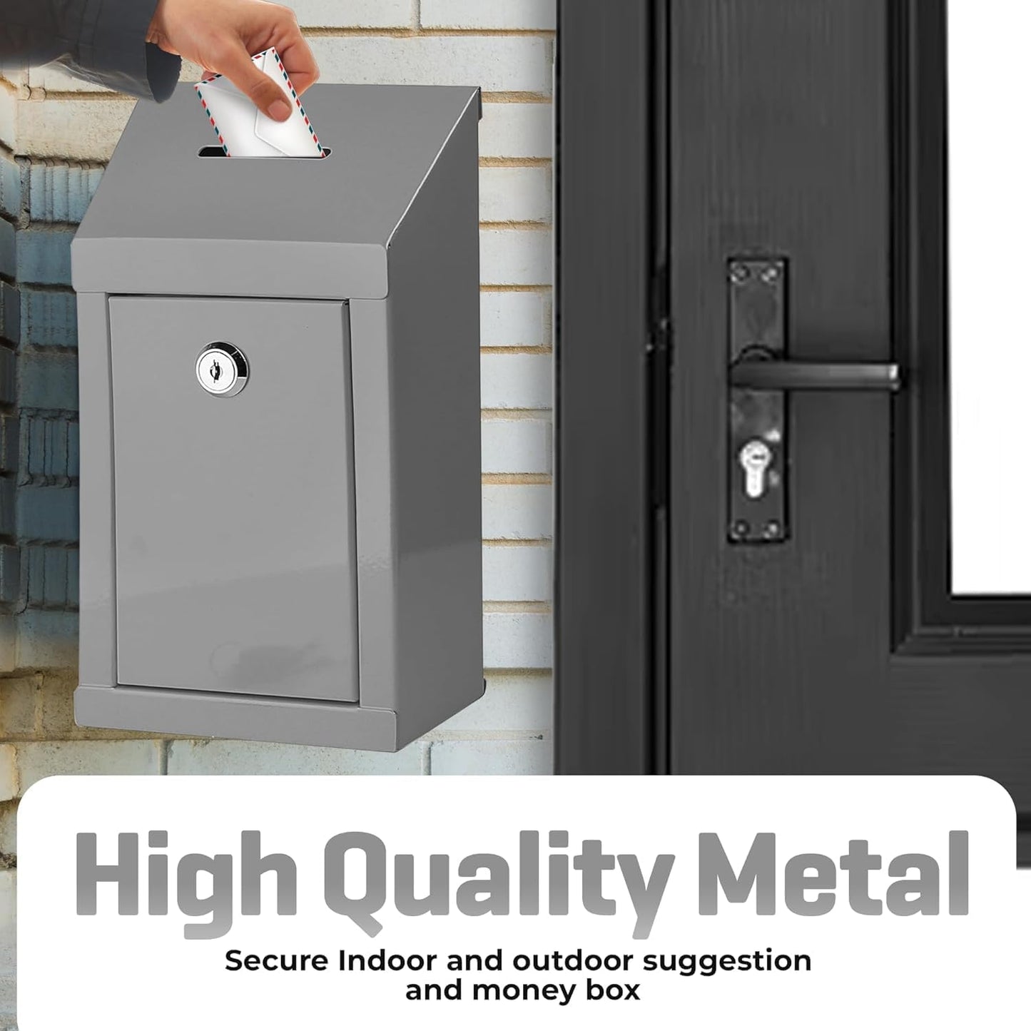 Metal Donation Box-Suggestion Box with Slot and lock-Cash Lock box for Money-Waterproof Drop Box-Comment and ballot voting box-comes with pre-drilled holes for easy wall mounting 10 X 6 X 2.5"(Gray)