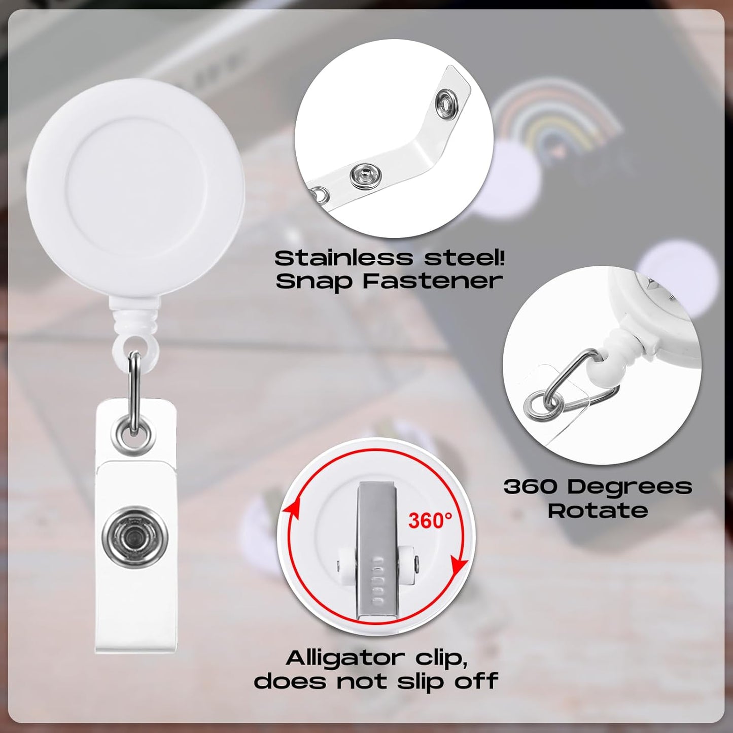 Zonon 50 Pieces Retractable Badge Holder Reels with Swivel Alligator Clip, ID Card Holder Name Badge Reel Clips for Students Teachers Office Workers (White)