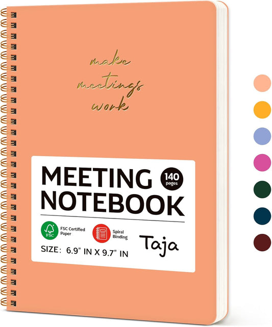 Taja Meeting Notebook for Work Organization - Work notebook with action items, Meeting Minutes Planner Notebook, Perfect Office Supplies for Men & Women - Coral