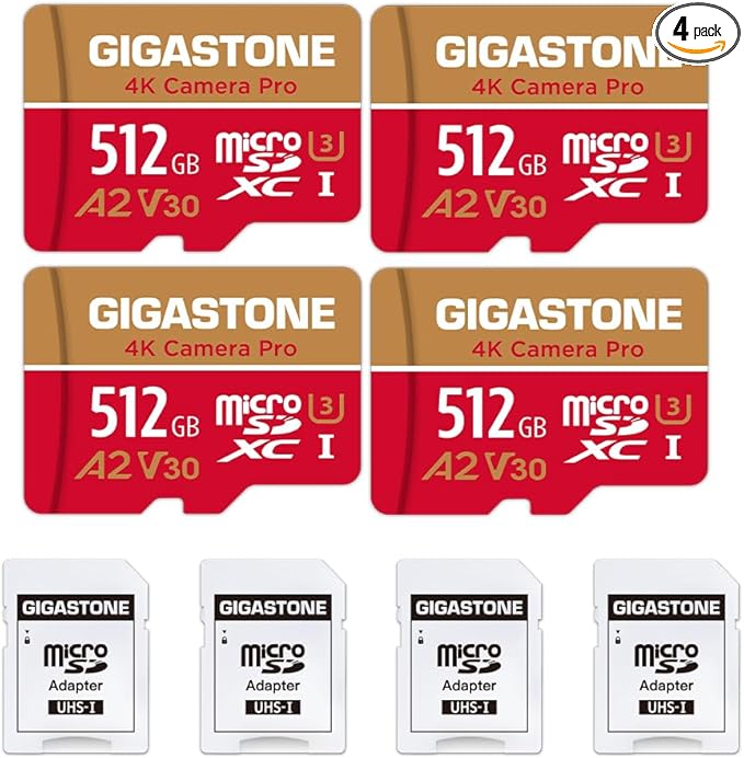 【5-Years Data Recovery】 GIGASTONE 512GB Micro SD Card 4-Pack, 4K Camera Pro, A2 V30 Compatible with Gopro, Dash Cam, DJI, Drone, Security Camera, Speed Up to 150MB/s, UHS-I U3 C10, with Adapter