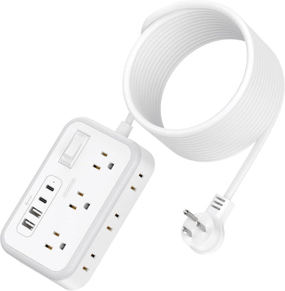 Flat Plug Extension Cord 25 ft, Surge Protector Power Strip, Outlet Extender with 6 Outlets 4 USB Ports, Overload Protection, Long Extension Cord with Multiple Outlets for Indoor, Home, Office, White