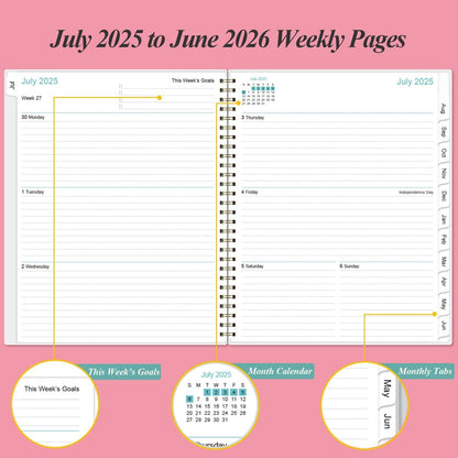 2025-2026 Planner - Academic Planner 2025-2026 from July 2025 to June 2026 with 12 Monthly Tabs, Flexible Cover, Inner Pocket, 8.5" x 11", Pink