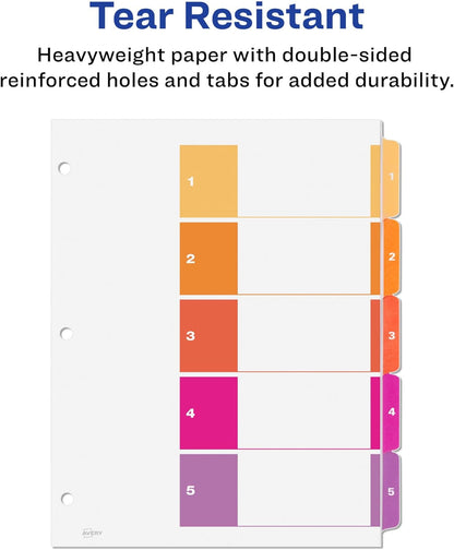 Avery 5 Tab Dividers for 3 Ring Binders, Customizable Table of Contents, Multicolor Tabs, 6 Sets (11187)
