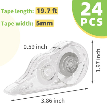 24 Pcs Transparent Correction Tape, 236 Inch Tear-Resistant Bulk for School, Office, Note Taking, Journal (Tape Width 0.2 In)