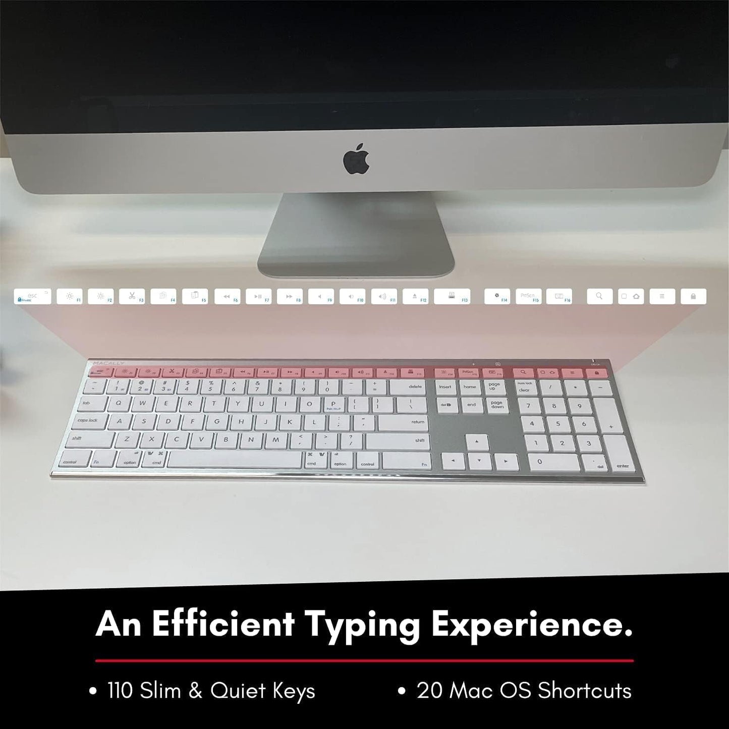 Macally Wireless Bluetooth Keyboard for Mac - Compatible Apple Keyboard or MacBook Pro/Air, iMac - Multi-Device, Up to 3 Devices with 110 Keys, 20 Shortcuts, Numeric Keypad, and Rechargeable - Silver