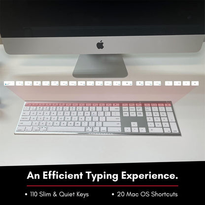 Macally Wireless Bluetooth Keyboard for Mac - Compatible Apple Keyboard or MacBook Pro/Air, iMac - Multi-Device, Up to 3 Devices with 110 Keys, 20 Shortcuts, Numeric Keypad, and Rechargeable - Silver