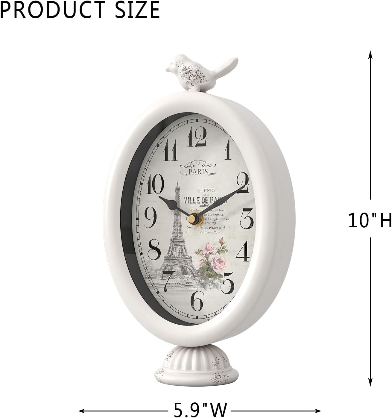 Vintage Table Clock with Bird, Desk and Shelf Decor Clock, French Paris Style, Antique White Metal Mantel Clocks for Living Room, Farmhouse, Bedroom, Bedside, Gift (10" H x 5.9" W)