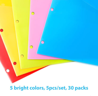 5 Tabs Plastic Dividers with 2 Clear Pockets - 6 Sets, Pocket Dividers for 3-Ring Binders, Multi-Color Binder Dividers, Total 30 Tabs