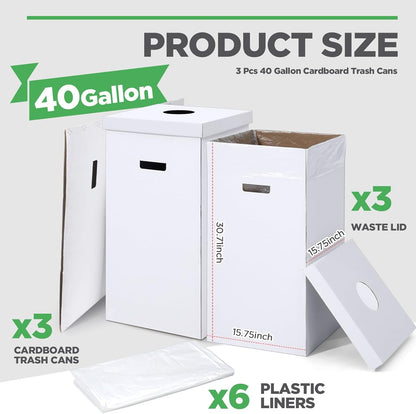 3 Pcs Cardboard Trash Cans with Lid Disposable and Reusable Corrugated Cardboard Trash Cans Recycling Bins Bulk with 6 Garbage Bags White Rubbish Boxes for Parties Events(40 Gallon)