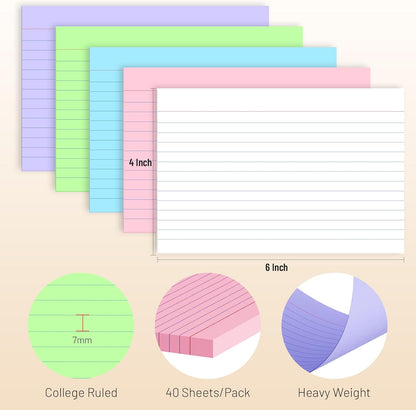 Index Cards 4 x 6 Inch 200 Pcs Ruled Color Index Cards, College Ruled Flash Cards for School, College, Office and Home Organization, Durable Study To Do List Note Cards with Ruled Lines, 5 Pack of 40