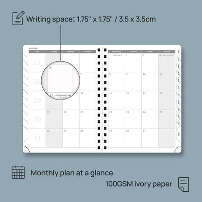 POPRUN 2026 Planner (Medium Size 8.5'' x 6.25'' Wire-Bound Hard Cover) Daily Weekly and Monthly Calendar - Agenda 2026 (Jan.2026-Dec.2026) with Hourly Schedule, Monthly Tabs - Light Yellow