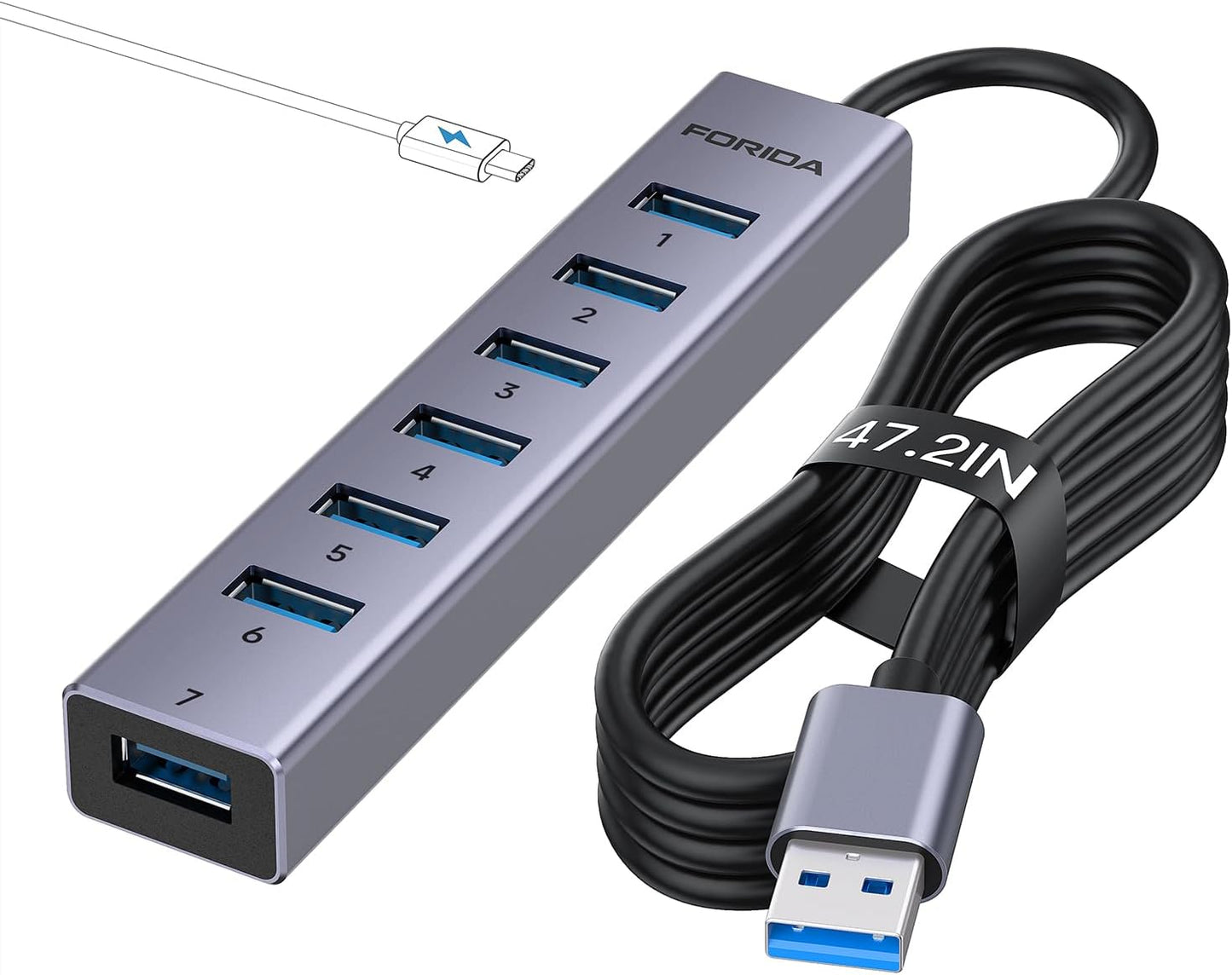 FORIDA USB to USB Hub Long Cable, 8 Ports USB 3.0 Adapter with 7 USB 3.0 Data Ports,USB Splitter with USB C 5V/3A Power Port, 47IN/120CM Main Cable for Laptop PC and More (USB A, 47IN)