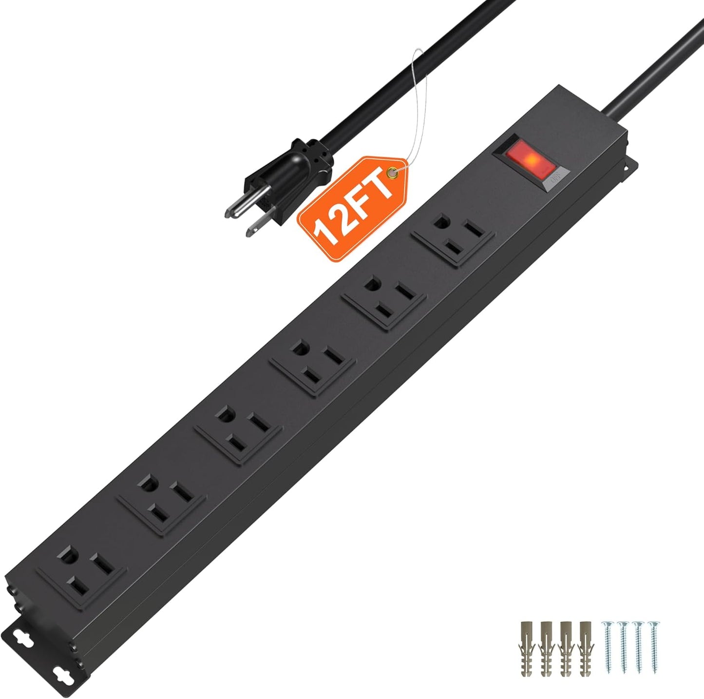 Power Strip with 6AC Outlets Wide Spaced and 14AWG Power Cord,Wall Mount Outlet Power Strip Heavy Duty for Commercial, Industrial, School and Home with Switch,15A 125V 1875W,Black (12FT)
