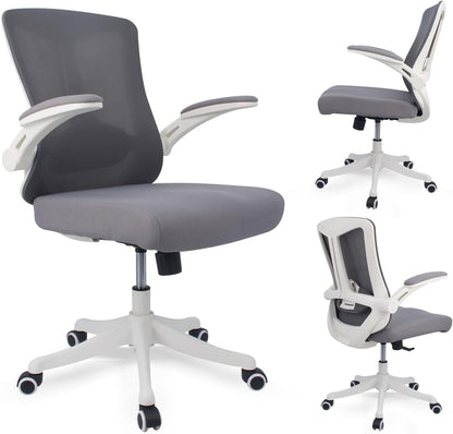 Ergonomic Comfort Home Desk Office Chair, Mid Back Computer Gaming Chair with Wheels, Adjustable Height, Lumbar Support, Flip-up Armrest with 350LBS Capacity (White Grey)