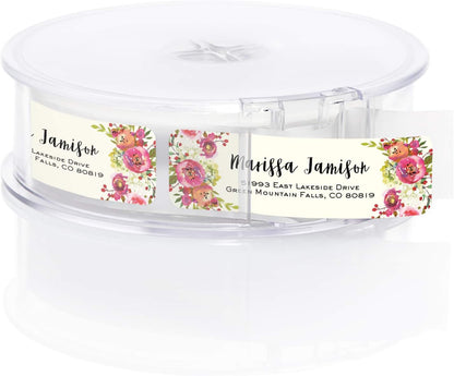 Vibrant Floral and Ivory Rolled Address Labels/Roll of 500 Personalized Address Labels/Designer Return Address Stickers in Elegant Plastic Dispenser