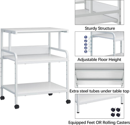 Large Printer Stand with Storage Shelf, 23.6" W x 18.9" D Printer Cart with Wheels, 3 Tier Mobile Printer Table for Home Office,Stands for Heat Press Scanner Fax (White)