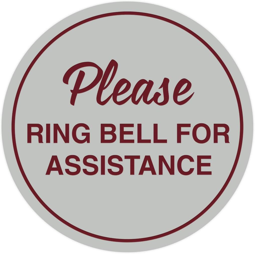 Signs ByLITA Circle Please Ring Bell For Assistance Wall or Door Sign | Easy Installation | Front Desk Reception Sign (Light Grey/Burgundy) - Small (10 Pack)