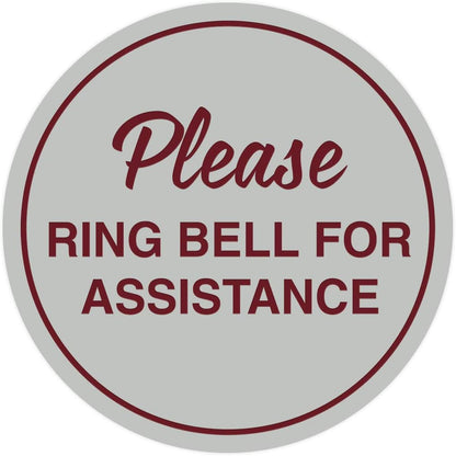 Signs ByLITA Circle Please Ring Bell For Assistance Wall or Door Sign | Easy Installation | Front Desk Reception Sign (Light Grey/Burgundy) - Large (1 Pack)