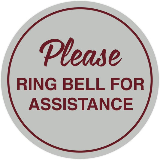 Signs ByLITA Circle Please Ring Bell For Assistance Wall or Door Sign | Easy Installation | Front Desk Reception Sign (Light Grey/Burgundy) - Large (10 Pack)