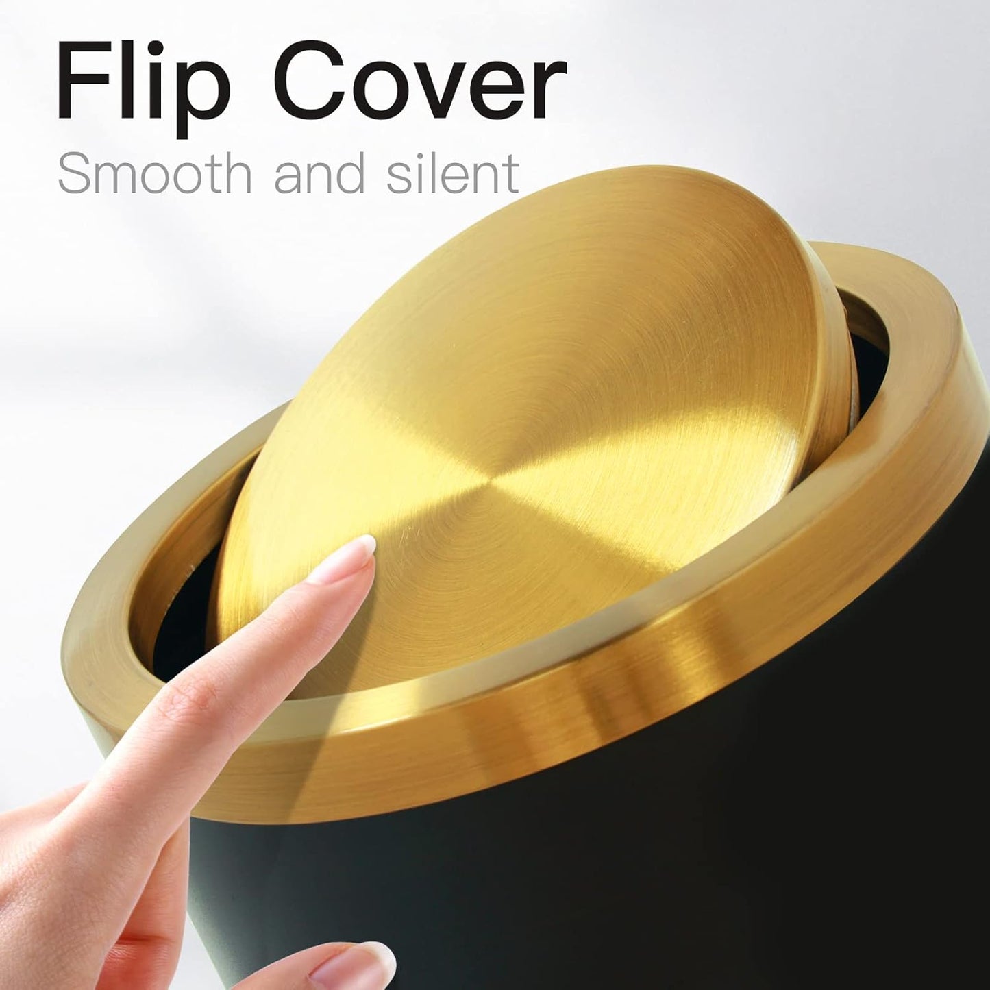 Stainless Steel Gold Trash can with Flipping Lid 2.4gallon Fingerprint-Proof Garbage cans Wastebasket Bin for Kitchen bothroom Living Room (Black with Gold lid, 2.6 Gallon)