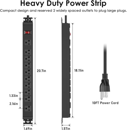 JUNNUJ Multi Angle Mount 10 Outlet 20 Amp Power Strip Heavy Duty, 2700J Surge Protector Under Desk with Switch 20A, Garage Workbench Gaming Outlet Table Wall Mountable, 10FT 12AWG Extension Cord