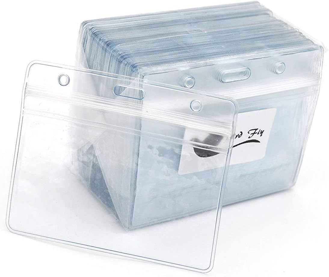 Bird Fiy Lanyards with id Holder Name Badges 50 Pcs Waterproof Type Clear Plastic Horizontal Name Tag Badge Id Card and 50 Pcs Lanyard (Red)