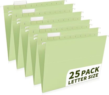 25-Pack Green Hanging File Folders, Letter Size (8.5" x 11") with 1/5-Cut Tabs,Includes 35 Transparent Label Cards & 50 Sticker Labels for Home & Office Organization