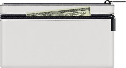 HAUTOCO Money Bag with Zipper 11x6.1 inch Money Pouch with Lined PU Leather Bank Bag Two Pockets Utility Wallet for Cash Check Receipt Coins Cosmetics, White