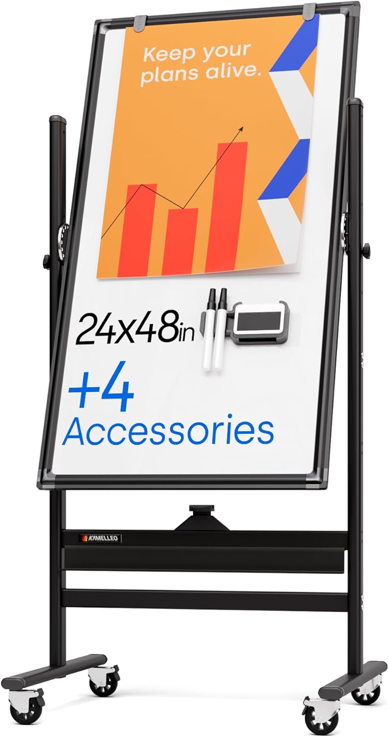 Rolling Dry Erase Board 24 x 48 - Large Portable Magnetic Whiteboard with Stand - Double Sided Easel Style Whiteboard with Wheels - Mobile Standing White Board for Office, Classroom & Home