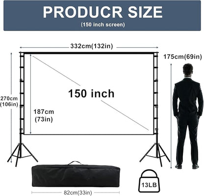 150"-Projector-Screen-with-Stand,HUANYINGBJB Outdoor Projection Screen, Portable 16:9 4K HD Rear Front Movie Screen with Carry Bag for Theater Backyard Movie Night,Cinema School, Churches, Parties