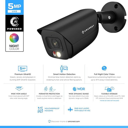 Amcrest 5MP IP PoE AI Camera w/ 49ft Color Night Vision, Security Outdoor Bullet Camera, Built-in Microphone, Human & Vehicle Detection, Active Deterrent, 129° FOV, 5MP@20fps IP5M-B1276EB-AI (Black)