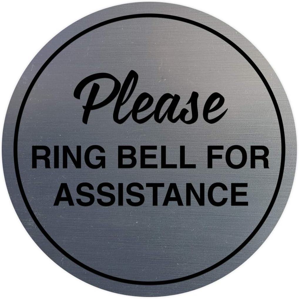 Signs ByLITA Circle Please Ring Bell For Assistance Wall or Door Sign | Easy Installation | Front Desk Reception Sign (Brushed Silver) - Large (10 Pack)